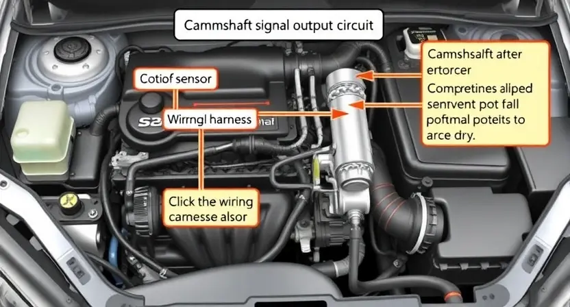 A detailed illustration of a car engine bay, focusing on the camshaft signal output circuit. Include visual representations of the sensor, wiring harness, and potential points of failure. The image should clearly depict the components involved in the P2614 error.