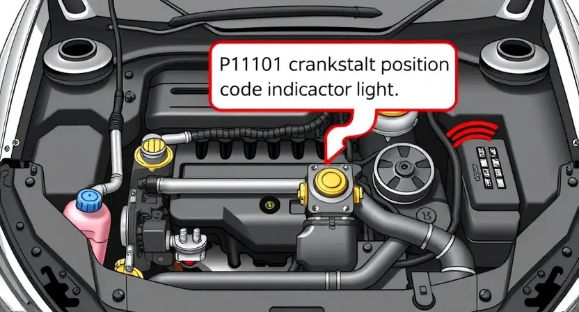 A detailed illustration of an Opel or Chevrolet car engine bay, highlighting the P1101 error code indicator light. The engine should be partially disassembled to show relevant components like the crankshaft position sensor and wiring. Focus on clarity and technical accuracy.