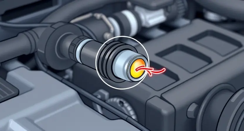 A close-up illustration of an engine cooling system with a highlighted temperature sensor. The sensor should appear slightly damaged or malfunctioning, with a visual representation of an intermittent signal (e.g., a flickering line or wavy pattern). Focus on the sensor's connection to the engine block and the surrounding coolant lines. The background should be a slightly blurred engine compartment.