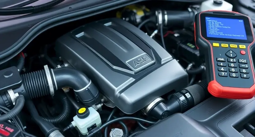 A close-up, detailed image of a car engine bay. Focus on the engine's components, particularly the air intake system and associated sensors. The engine should appear clean and well-maintained. Subtle hints of diagnostic tools (like a scan tool displaying a code) can be included without being the primary focus. The overall lighting should be bright and professional, highlighting the engine's mechanics.