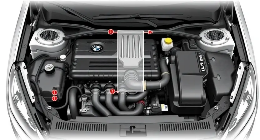 A detailed illustration of a car's engine bay, focusing on the MAP sensor and its connection to the intake manifold. The image should clearly depict the sensor's physical appearance and its position within the engine compartment. Include subtle visual cues suggesting air intake and pressure.