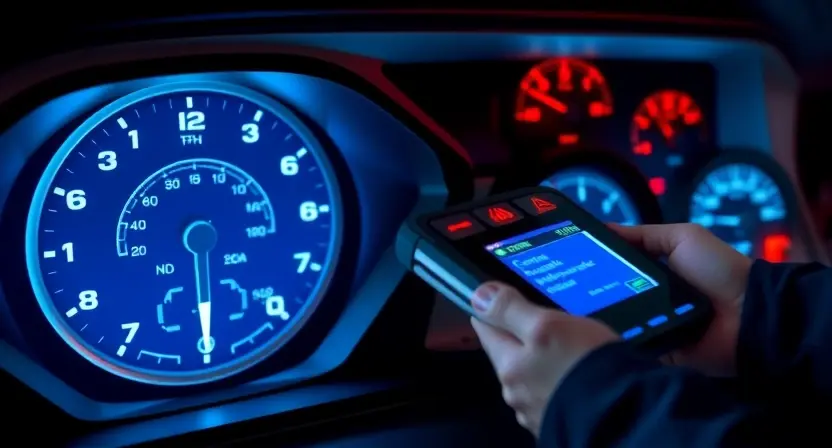 A high-tech automotive diagnostic scene showing a glowing engine control module with a warning symbol for high signal circuit, digital dashboard displays, and a mechanic's hand holding a scan tool, clean technical illustration with blue and red warning lights, no text or numbers on image