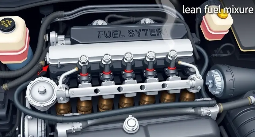 A detailed illustration of a car engine's fuel system, specifically highlighting the fuel injectors and intake manifold. The image should visually represent a lean fuel mixture issue, perhaps with subtle visual cues like a slightly hazy or incomplete combustion effect within the cylinders. Focus on the internal components and their relationship to fuel delivery.