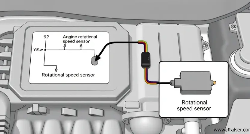 A detailed illustration of an engine control unit (ECU) with a wiring diagram highlighting the position of the rotational speed sensor and its connection to the ECU. The image should depict a clear and technical representation of the sensor and its signal output.