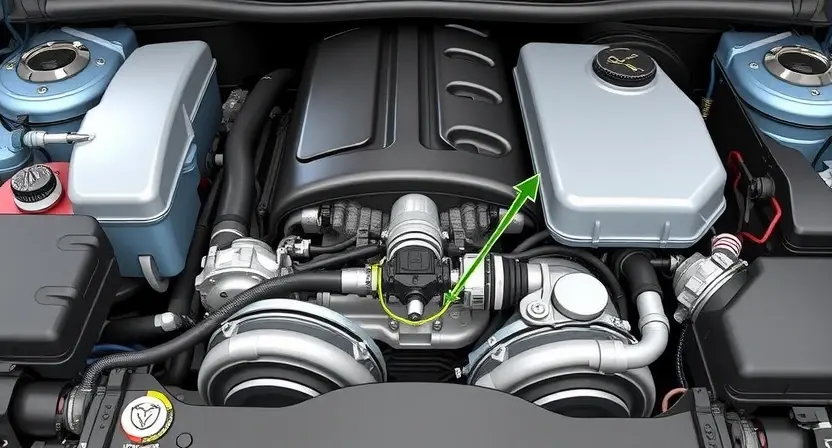 A detailed illustration of an engine bay with a focus on the intake manifold and butterfly valve actuator. The actuator should be clearly visible, perhaps with an arrow pointing to it, indicating its location. The surrounding engine components should be realistically rendered, showing a clean and organized engine bay. The overall lighting should be bright and even, highlighting the key parts.