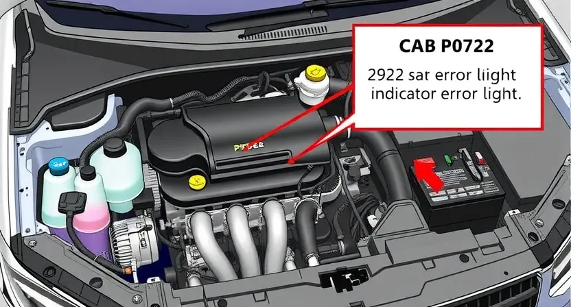A detailed illustration of a car's engine bay, highlighting the location of the P0722 error code indicator light. The engine should be partially visible, showcasing various components like the alternator, battery, and intake manifold. Focus on the dashboard area where the error light is typically found.
