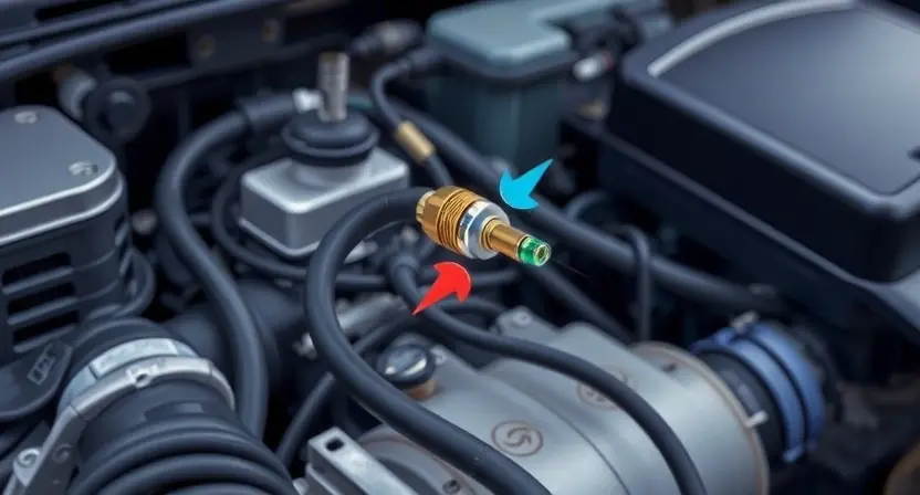 A detailed illustration of a car's engine bay, focusing on the pressure sensor and its wiring. The sensor should be clearly visible, with wires connected to a dashboard or control unit. Include visual cues representing high voltage, such as faint electrical arcs or glowing components. The background should be slightly blurred to emphasize the sensor.