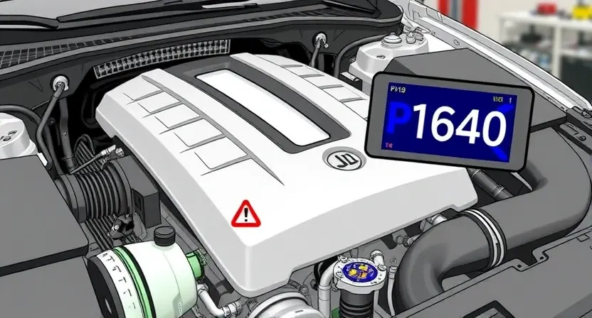 A detailed illustration of a car engine with a highlighted P1640 error code displayed on a digital dashboard screen. The engine should be clean and modern, showcasing key components like the intake manifold, cylinders, and exhaust system. The dashboard should be clearly visible, with the error code prominently displayed in a red warning icon. Focus on conveying a sense of technical diagnostics and automotive repair. The background should be a blurred workshop environment.