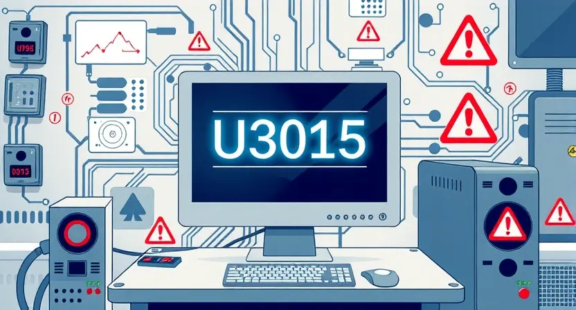 A high-quality technical illustration showing a computer monitor displaying an error code U3015, with surrounding technical diagrams, circuit boards, and warning symbols, rendered in the style "HQ-832-448-h"
