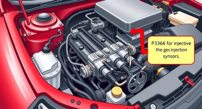 A close-up, detailed illustration of a car's engine bay, specifically focusing on the gas injection system. Highlight the components related to the P3366 error, such as the gas injectors, sensors, and wiring. The image should convey a sense of technical precision and diagnostic inspection.