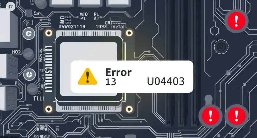A high-quality technical illustration showing a computer motherboard with a highlighted USB port and a warning sign indicating error code U0403, surrounded by subtle circuit patterns and error symptom icons like exclamation marks and red error symbols, clean and professional design
