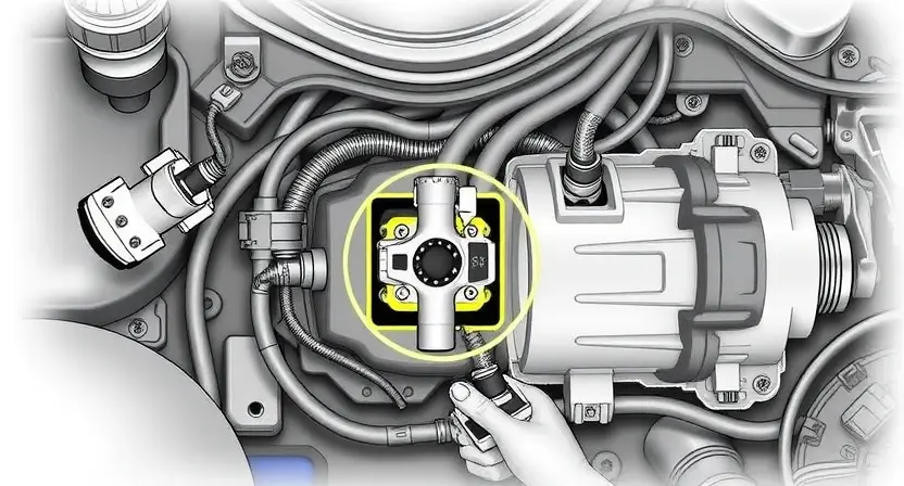 A detailed illustration of an ABS (Anti-lock Braking System) module with a highlighted solenoid valve. The image should clearly show the solenoid valve's location within the module and its connection points. Include surrounding components like sensors and wiring, emphasizing the electrical nature of the system. Focus on mechanical and electrical elements, avoiding any abstract representations.