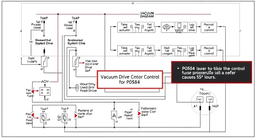 A detailed schematic diagram of a vacuum drive control circuit, highlighting the P0584 error code and its potential causes. Include visual representations of sensors, actuators, and control logic. Focus on clarity and technical accuracy.