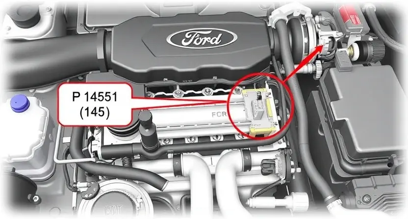 A detailed illustration of a Ford car engine with a highlighted solenoid control circuit, showing the components involved in the P1451 error code. The image should depict the solenoid, wiring, and any related parts in a clear and technical manner, emphasizing the area where the fault occurs.