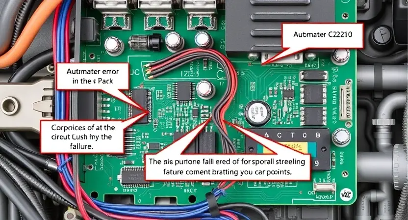 A detailed technical illustration of a car's actuator circuit board, highlighting the C2210 error code and potential failure points. Focus on the electronic components, wiring, and connectors.