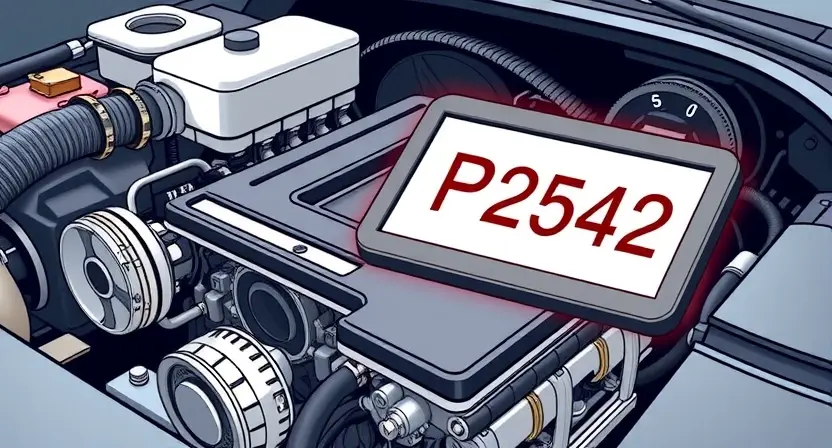 A detailed illustration depicting a car engine with a highlighted error code P2542 displayed on a digital dashboard. The engine should be realistically rendered, showcasing various components like pistons, valves, and belts. The dashboard should be modern and clearly show the error code in a prominent font.