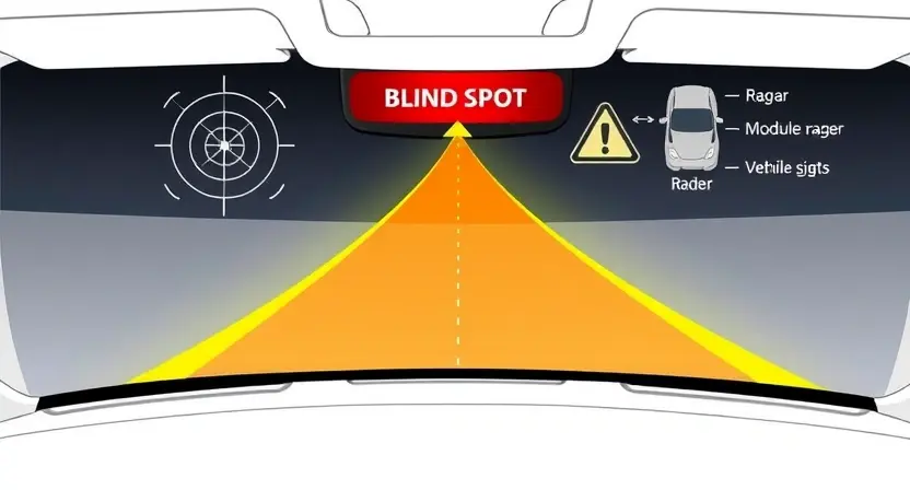 A high-quality technical illustration showing a vehicle's blind spot monitoring system with a warning indicator for a module failure, featuring clear visual elements like radar waves, warning lights, and vehicle sensors, rendered in the specified style