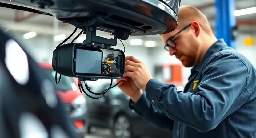 A professional automotive diagnostic scene showing a technician inspecting a vehicle's blind spot monitoring module, with focus on visual inspection of connectors and wiring harnesses, clean workshop background, high detail, realistic lighting