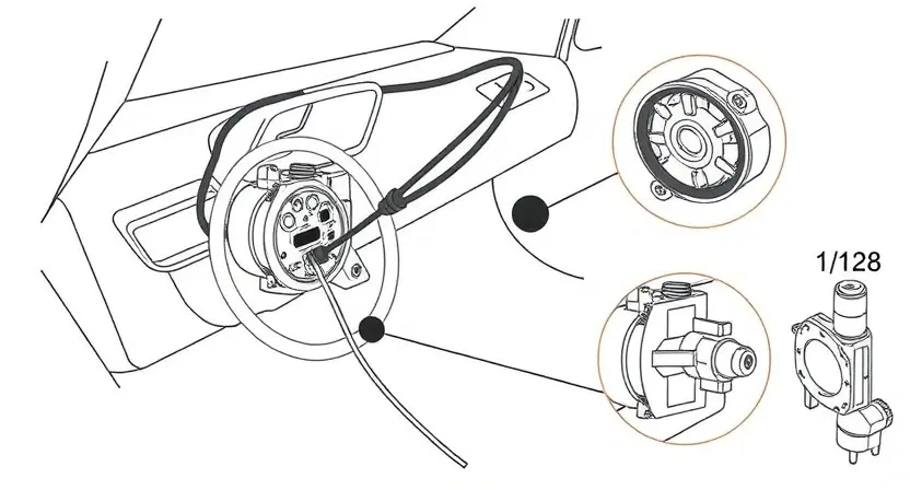 A detailed technical illustration of a car's steering column sensor circuit showing a broken wire or faulty sensor component, with labeled parts like connector, wiring harness, and sensor housing, rendered in a clean, professional engineering diagram style with high clarity and precision
