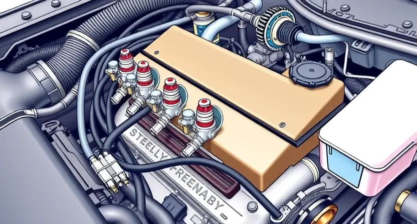 A close-up, detailed illustration of a car's engine bay, focusing on the fuel rail and injectors. The image should highlight the electrical connections and wiring related to the fuel injection system. Use bright, clean colors to emphasize the components. The overall composition should be informative and visually appealing, suitable for a repair manual or technical guide. Show a sense of precision and technical detail.