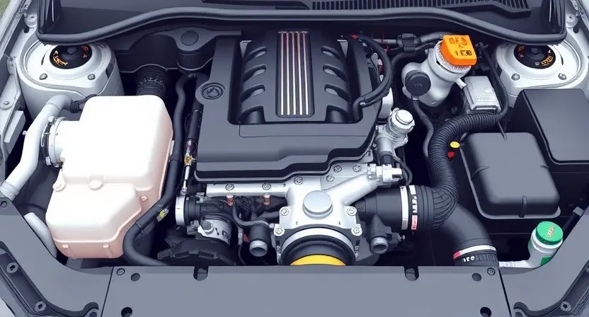 A detailed illustration of a car's engine bay, focusing on the fuel system components (fuel injectors, fuel rail, intake manifold). The image should visually represent a lean air-fuel mixture, perhaps with subtle visual cues like a slightly hazy or desaturated appearance around the intake area. The overall scene should be clean and well-lit, emphasizing the mechanical details. The engine should be a modern gasoline engine. Focus on the areas related to air and fuel intake.