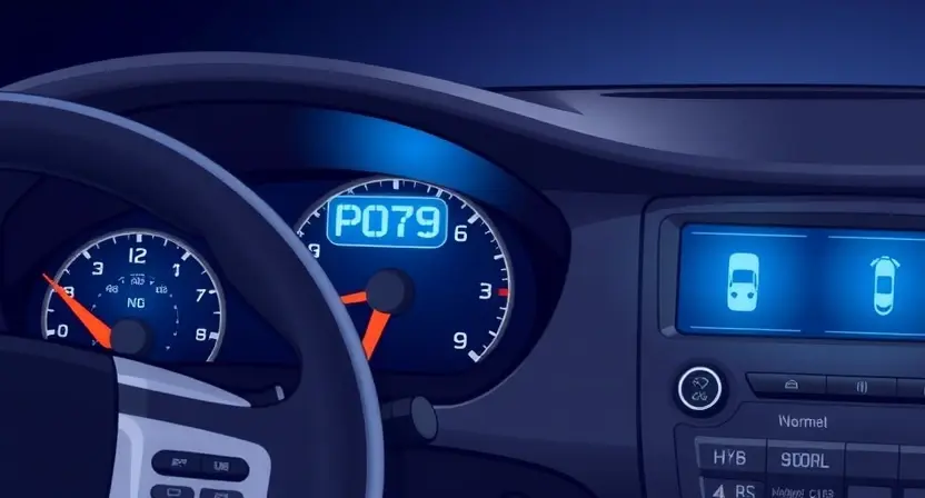 A detailed illustration of a car's dashboard with a diagnostic code display showing P0709. The dashboard should be brightly lit and clearly show the code. Include relevant car components like the steering wheel, instrument cluster, and gear selector.