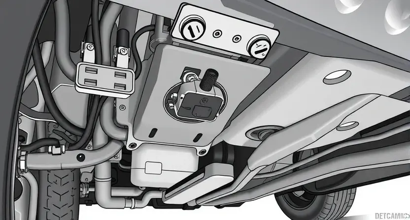 A close-up, detailed illustration of a car's undercarriage, specifically focusing on the connection point of an accelerometer sensor to the vehicle's wiring harness. The sensor should be clearly visible, along with the surrounding components like brackets and cables. The image should convey a sense of technical precision and diagnostic inspection.