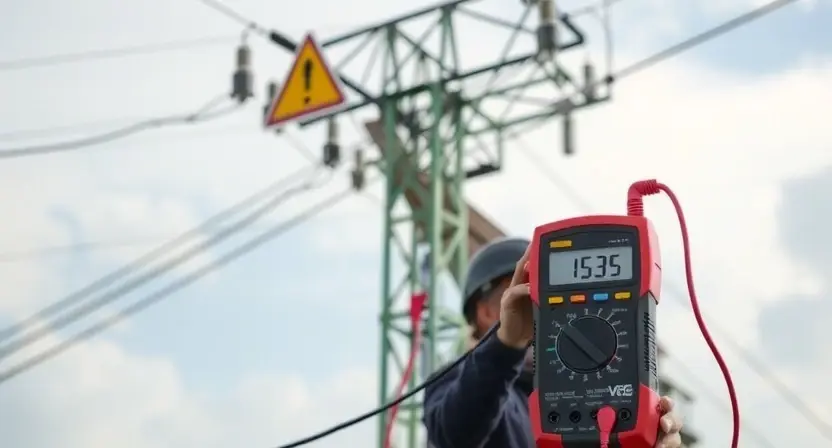 A high-voltage power line with a warning sign and a multimeter displaying an overvoltage reading, showing a technician inspecting a faulty electrical panel, with a red alert indicator and a voltage meter showing excessive voltage