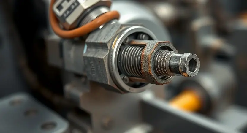 A close-up, detailed illustration of a differential sensor with a visible cable connection. The sensor should appear slightly damaged or corroded, indicating a mechanical fault. Focus on the sensor's internal components and the connection point, highlighting potential points of failure. The background should be a blurred industrial setting, suggesting a machine or equipment.