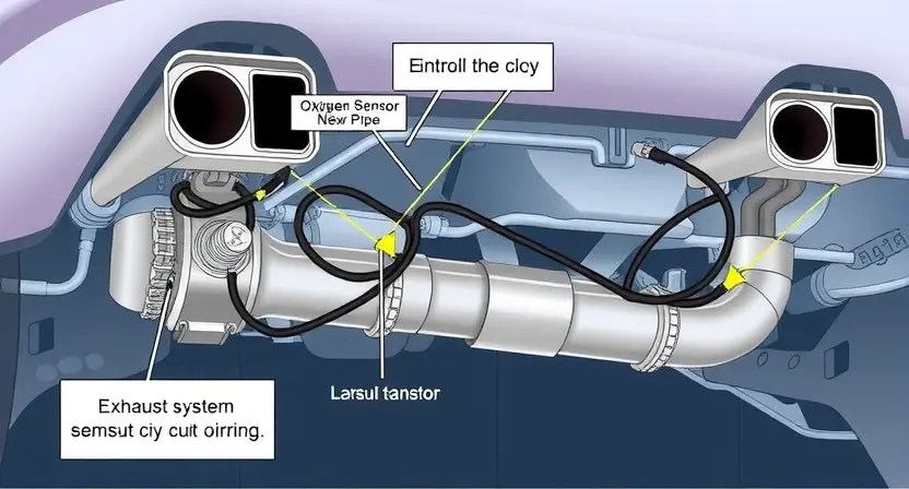 A detailed illustration of an automotive exhaust system with a focus on the oxygen sensor circuit. Show the sensor, wiring, and the exhaust pipe. Highlight the potential points of failure in the circuit.