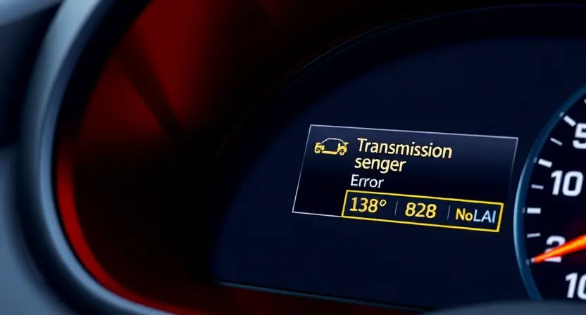 A close-up, detailed illustration of an automotive dashboard displaying a warning light indicating a low signal level for a transmission range sensor. The dashboard should show the warning light illuminated and a diagnostic message related to the error. The background should be a blurred view of a car interior.