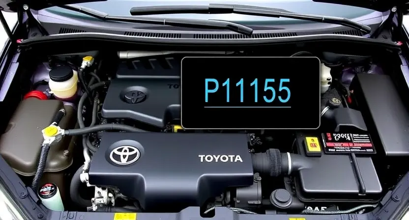 A detailed, realistic image of a Toyota vehicle with a prominent engine bay, highlighting the P1155 error code displayed on a dashboard screen. Focus on the engine components and the dashboard area.