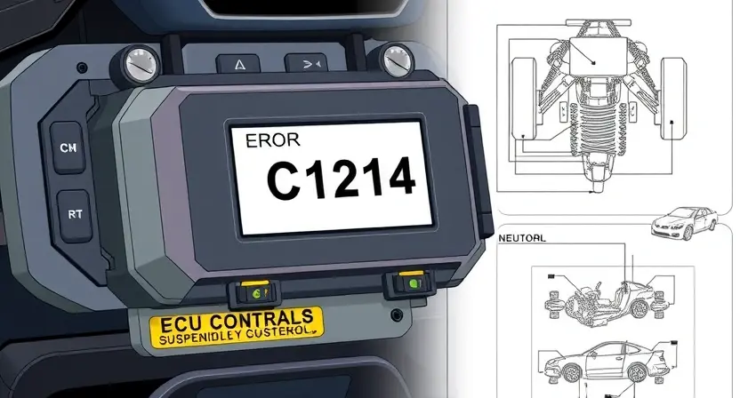 A detailed illustration of a car's electronic control unit (ECU) with a highlighted error code 'C1214' displayed on a diagnostic screen. The ECU should be surrounded by schematic diagrams of the car's suspension system, emphasizing the components related to stability control. Focus on the visual representation of the error code and its connection to the suspension components.