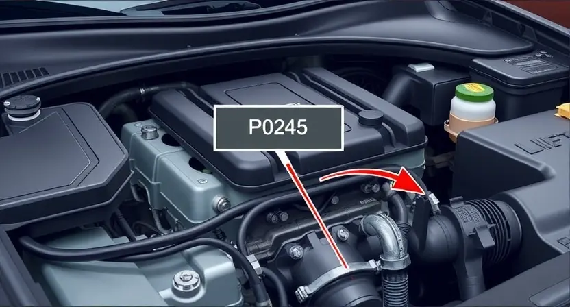 A detailed illustration of a car's engine bay, focusing on the P0245 error code indicator light. The image should clearly show the diagnostic trouble code (DTC) illuminated, along with relevant engine components like the crankshaft position sensor, camshaft position sensor, and related wiring. The background should be a slightly blurred view of the car's interior.