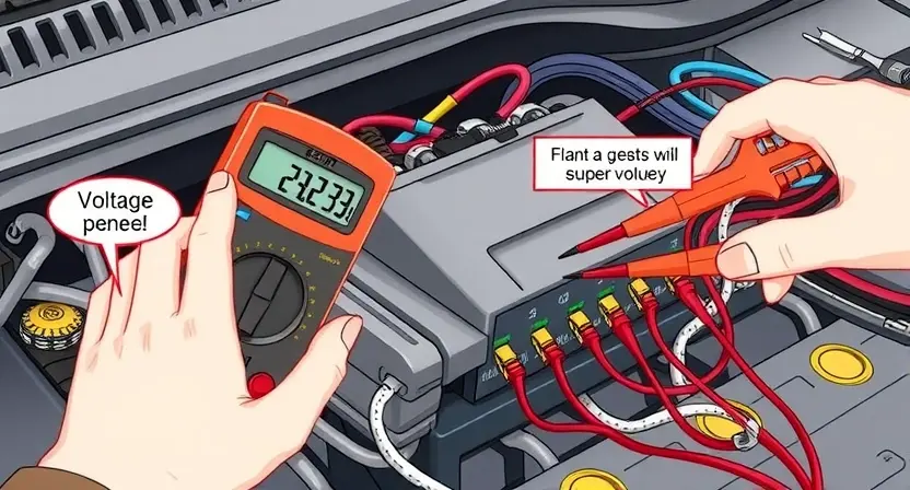 A detailed illustration of a car's main relay with visible wiring connections, highlighting the voltage issues. The image should show a technician using a multimeter to check the voltage at the relay terminals, with clear labels for the positive and negative connections. The background should include a partially opened car hood and some basic tools like screwdrivers and pliers.