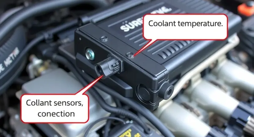 A close-up, detailed illustration of an engine control unit (ECU) with highlighted sensor connections. Focus on the wiring and connectors related to the coolant temperature sensor. The background should be a slightly blurred automotive engine bay.