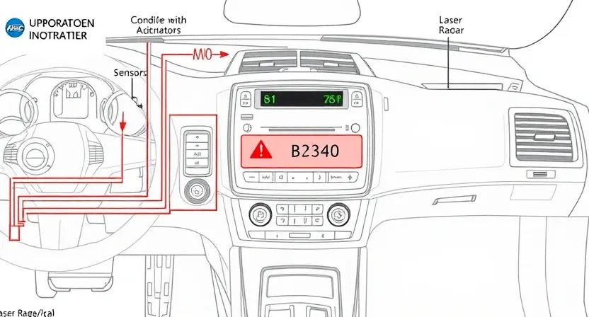 A detailed illustration depicting a complex automotive climate control (ACC) system with a highlighted error message 'B2340'. Include visual representations of sensors, actuators, and control units. The laser radar/lidar component should be subtly integrated into the system's depiction. Focus on clarity and technical accuracy.