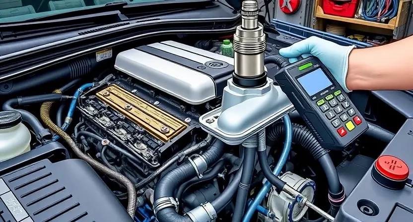 A detailed illustration of a car engine with a highlighted oxygen sensor, showing its location and connections. The image should depict a mechanic using a diagnostic tool to check the sensor's activity, with a focus on the sensor's wiring and connectors. The background should include a workshop setting with various automotive tools and parts.