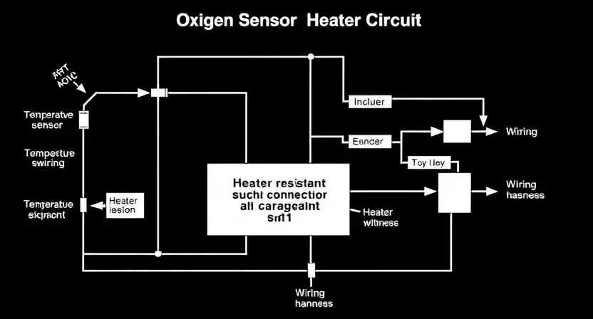 A detailed schematic diagram of an automotive oxygen sensor heater circuit, highlighting the heater element, wiring, and connection points. Include labels for key components like the heater resistor, temperature sensor, and wiring harness. The diagram should be clean, professional, and easy to understand.