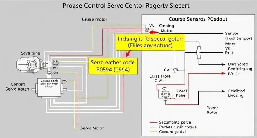 A detailed schematic diagram of a cruise control servo control system, highlighting the P0594 error code and its potential causes. Include visual representations of the servo motor, sensors, and wiring. Focus on clarity and technical accuracy.