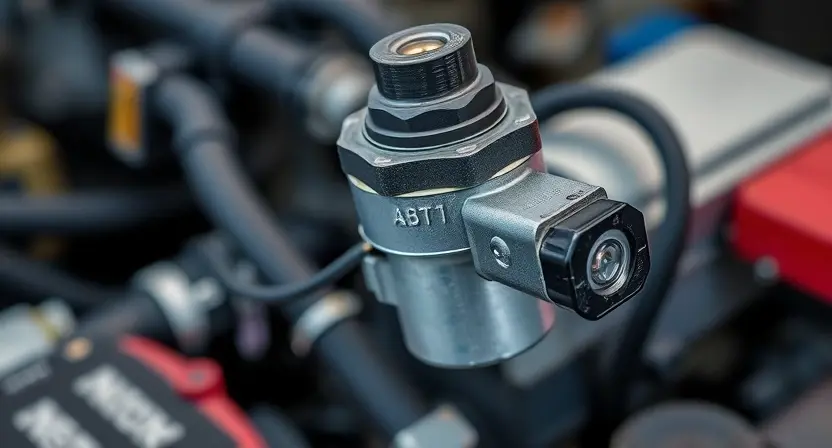 A close-up, detailed photograph of an ABS (Anti-lock Braking System) solenoid valve. The valve should be clearly visible, showing its components and connections. Focus on the solenoid itself, highlighting its physical structure. The background should be blurred, suggesting a workshop environment.