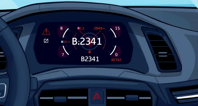 A detailed illustration of a car dashboard with a radar cruise control system. The screen should display an error message 'B2341' with a visual representation of the radar sensor. Show the car's interior, focusing on the dashboard and the affected system.