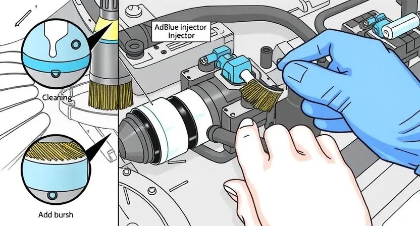 A detailed illustration of an AdBlue injector being cleaned and maintained. The image should show various tools like a cleaning brush, solvent, and diagnostic equipment. Focus on the injector's internal components and the cleaning process.