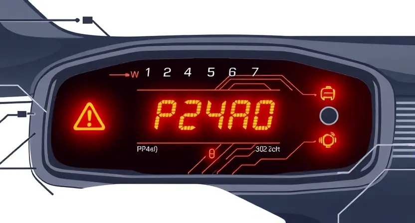 A high-quality technical illustration showing a modern car engine control unit with a glowing diagnostic display indicating error code P24A0, surrounded by subtle circuit patterns and warning symbols, clean background, professional lighting, no text or numbers on the image