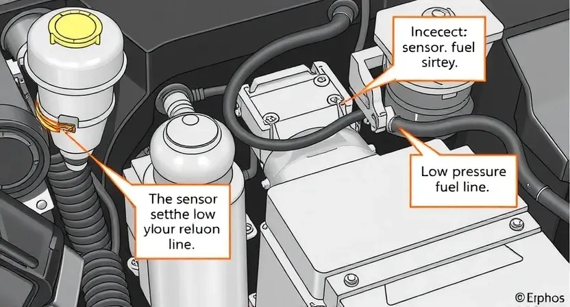 A detailed illustration of a car's fuel system, focusing on the low-pressure fuel line and related components. Show a diagrammatic representation with labels indicating potential issues like incorrect settings or a faulty sensor. Include visual cues suggesting a problem, such as a highlighted area or a broken line.