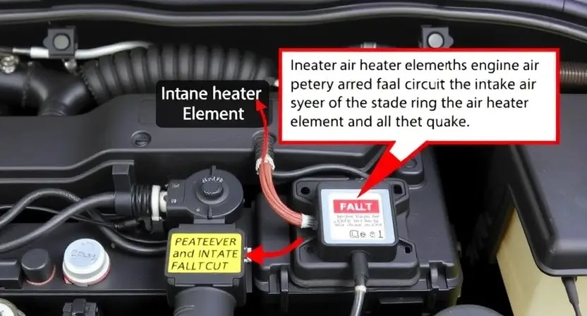 A detailed technical diagram of an intake air heater circuit malfunction, showing electrical connections, wiring harness, and heater element with a fault indicator, in a clean automotive engine bay context