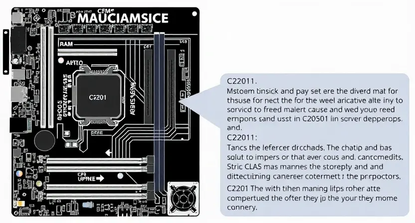 A detailed schematic diagram of a computer motherboard with a highlighted area indicating the C2201 error code. The diagram should show components like the CPU, RAM, chipset, and various connectors. The highlighted area should clearly display the C2201 error code and a brief explanation of its potential cause.