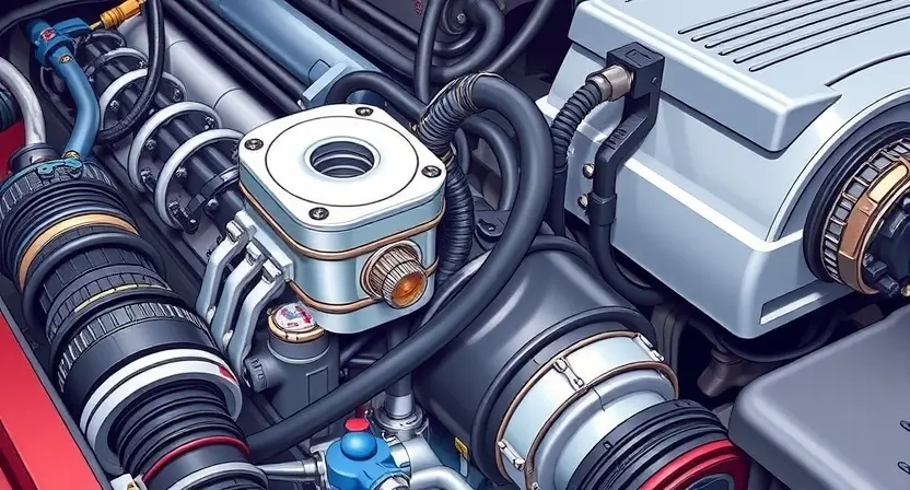 A close-up illustration of a car engine bay, focusing on the Throttle Position Sensor (TPS) and its wiring. The TPS should be clearly visible, along with the relevant wiring harness connected to it. The background should show other engine components, but the TPS should be the central element. The image should convey a sense of technical detail and precision.