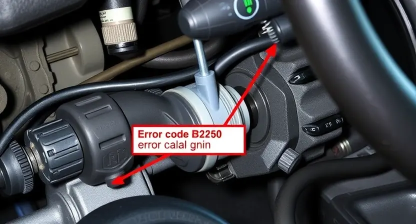 A detailed close-up view of a car's steering column system, highlighting the error code B2260. The image should show the internal components of the steering column, such as gears, sensors, and wiring, with a focus on the area where the error is likely occurring. The scene should be well-lit to clearly show the mechanical parts and their connections.