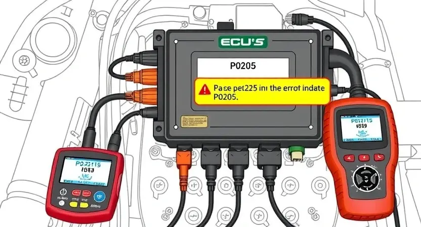 A detailed illustration of an automotive engine control unit (ECU) with various diagnostic tools connected, highlighting the P0205 error code indicator. The background should be a clean, technical environment.